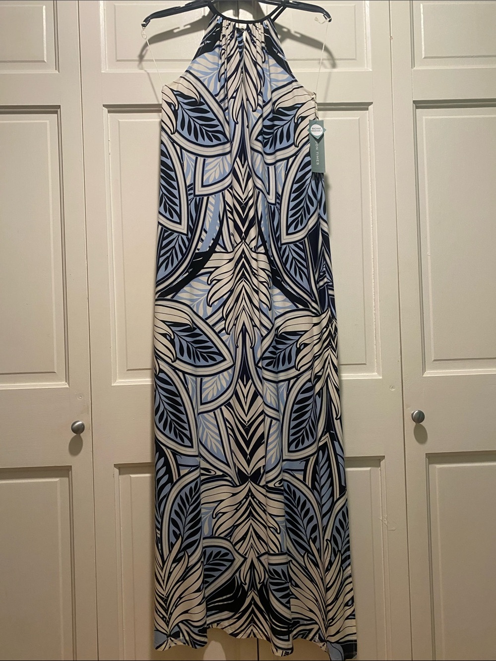New! London Times Halter Maxi Dress in Blue, Black and White Leaf Print
